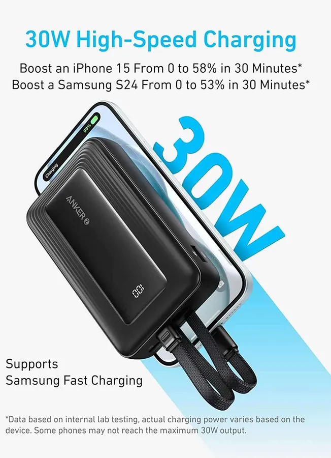 باور بانك انكر زولو ، 30 وات ، 20000 مللي أمبير ، شاشة ديجيتال ، اسود ، A1681611