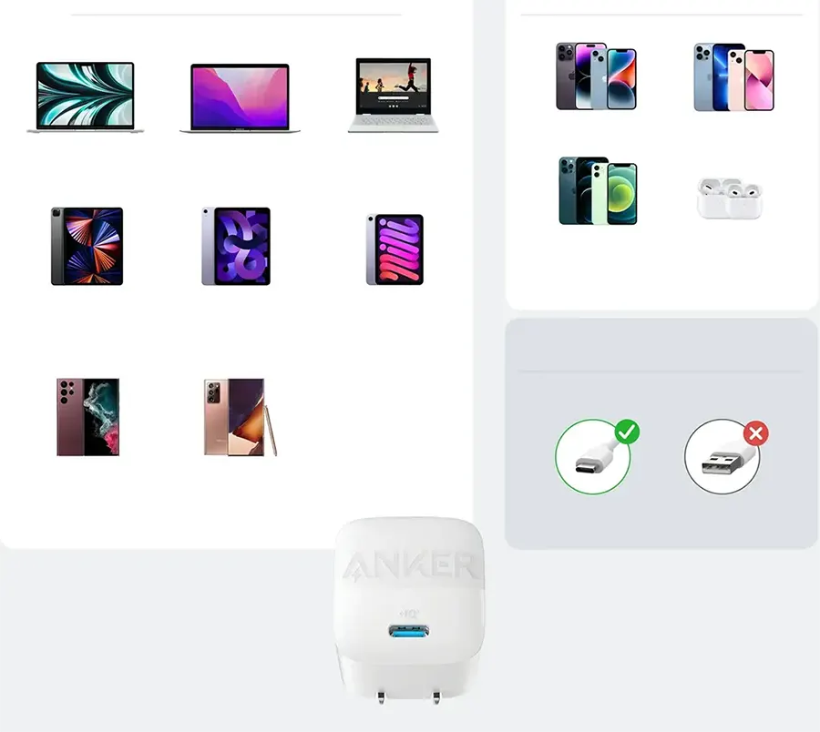 شاحن أنكر السريع ، 30 وات ، مع كابل من Type - C إلى Type - C ابيض ، B2639P21