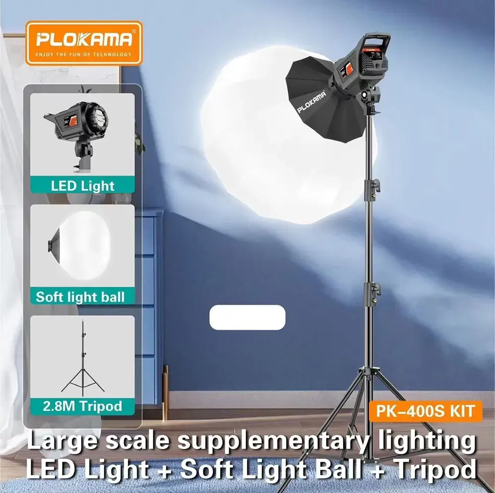 Plokama Video Lighting Kit, LED Flood Light, Softball, and Tripod, 2700-6500K, PK-400S