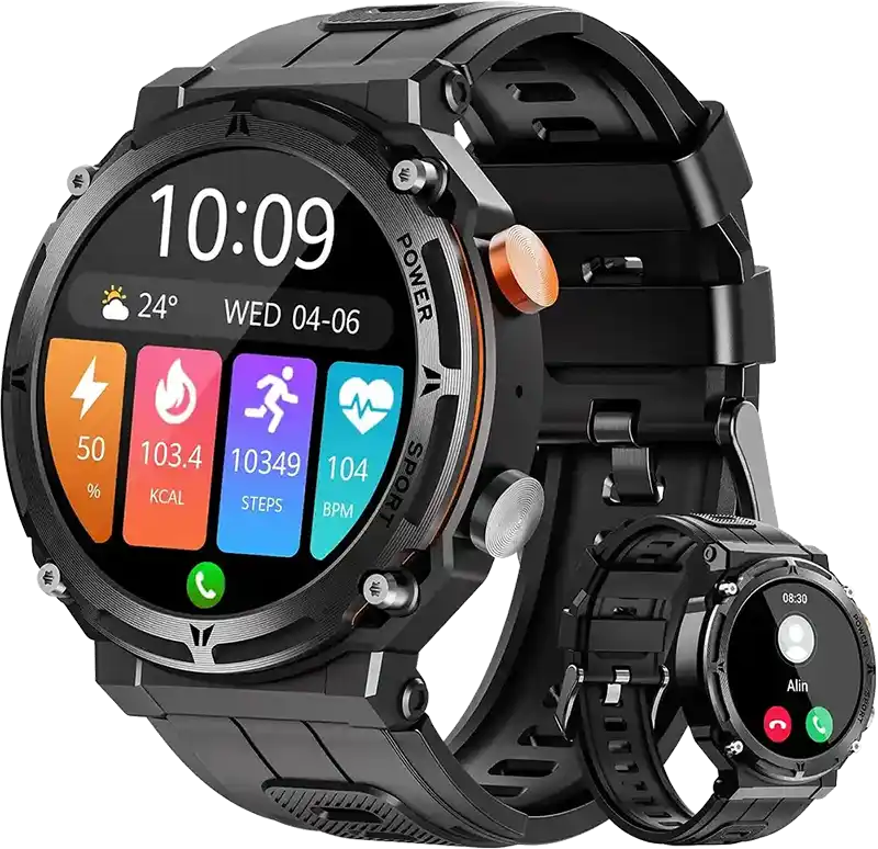 ساعة بادي الذكية كراون J2، شاشة لمس LCD مقاس 1.39 بوصة، بلوتوث V5.2، مقاومة للماء، بطارية 400 مللي أمبير-ساعة، سوار سيليكون، أسود