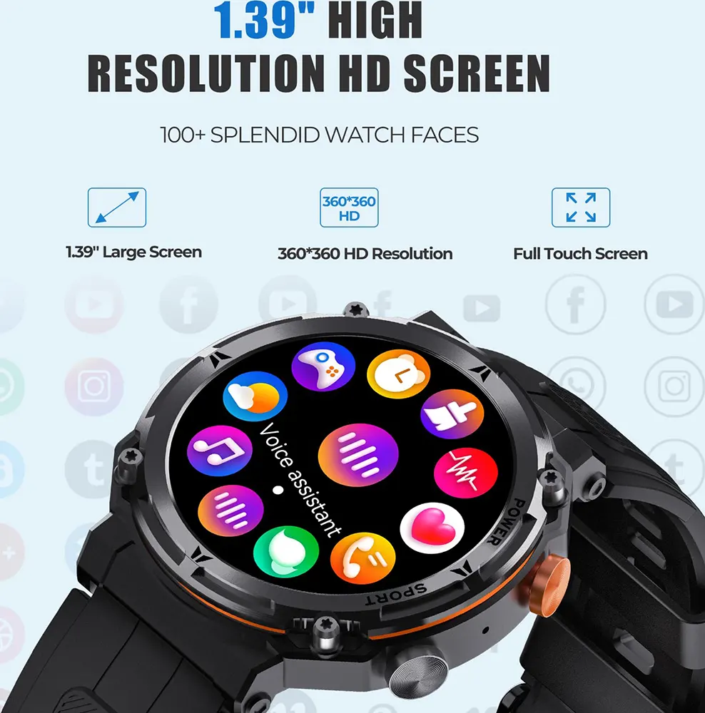 ساعة بادي الذكية كراون J2، شاشة لمس LCD مقاس 1.39 بوصة، بلوتوث V5.2، مقاومة للماء، بطارية 400 مللي أمبير-ساعة، سوار سيليكون، أسود