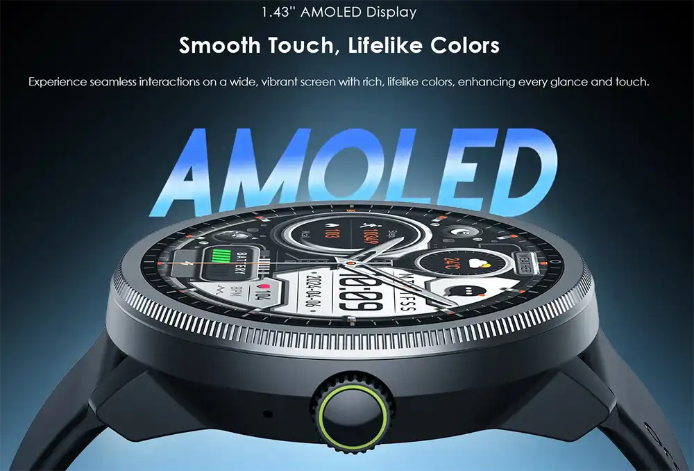 ساعة أورايمو R5 الذكية، شاشة  أموليد مقاس 1.43 بوصة، بلوتوث 5.3، مقاومة للماء، أسود، OSW-820