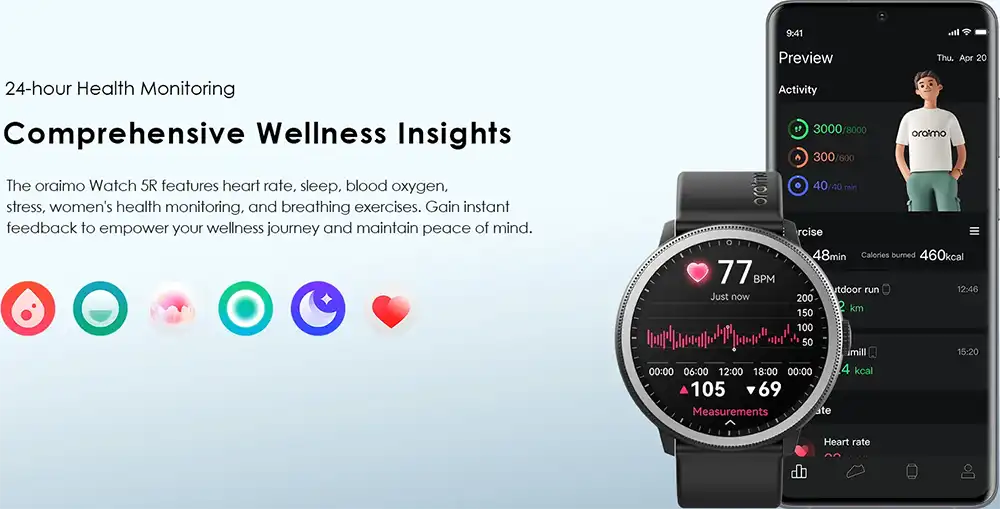 ساعة أورايمو R5 الذكية، شاشة  أموليد مقاس 1.43 بوصة، بلوتوث 5.3، مقاومة للماء، أسود، OSW-820