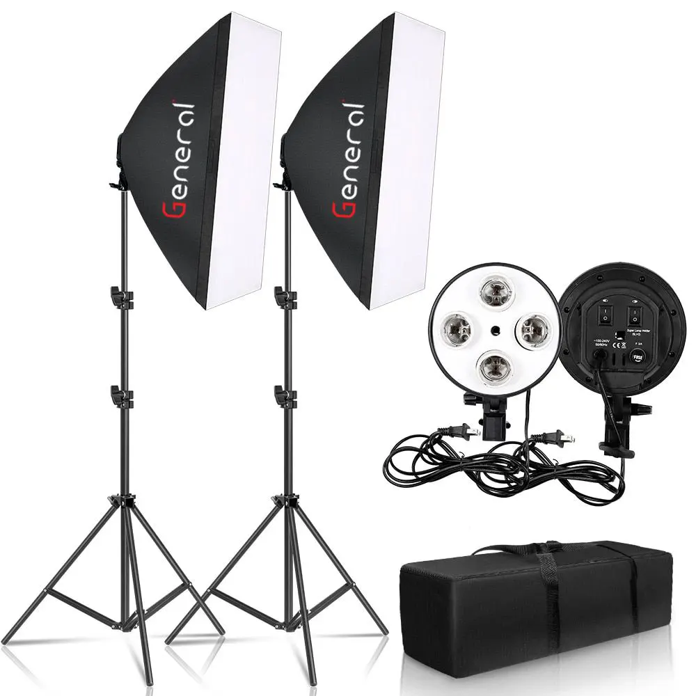 General Softbox Kit, 2Pcs 4 Socket lamp holder, 2 Stands, 2 Softboxes 50 x 70 cm, L-4 KIT