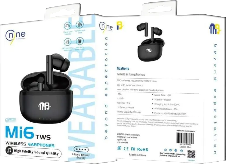 سماعات أذن لاسلكية ناين TWS، بلوتوث V5.1، خاصية ENC، بطارية 500 مللي أمبير، أسود، MI6