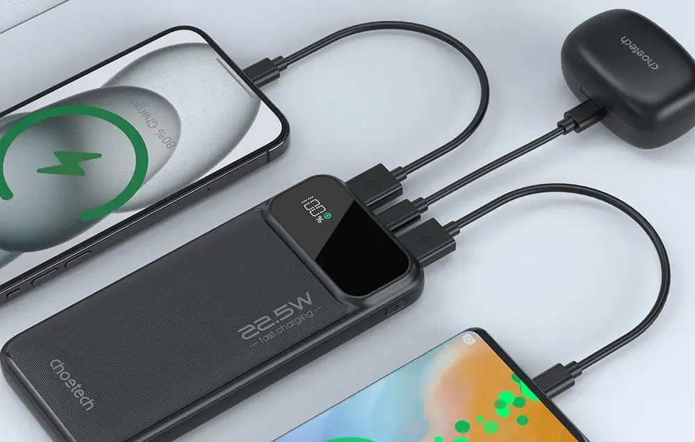 CHOETECH Power Bank, 10,000mAh, 22.5W, 3 Ports, Digital Display, Black, B728