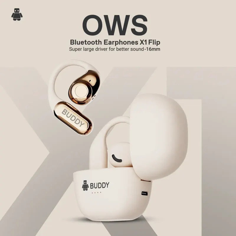 Buddy X1 Flip Wireless Earphones, Bluetooth 5.2, 400mAh Battery, 10 Hours Playtime, Beige