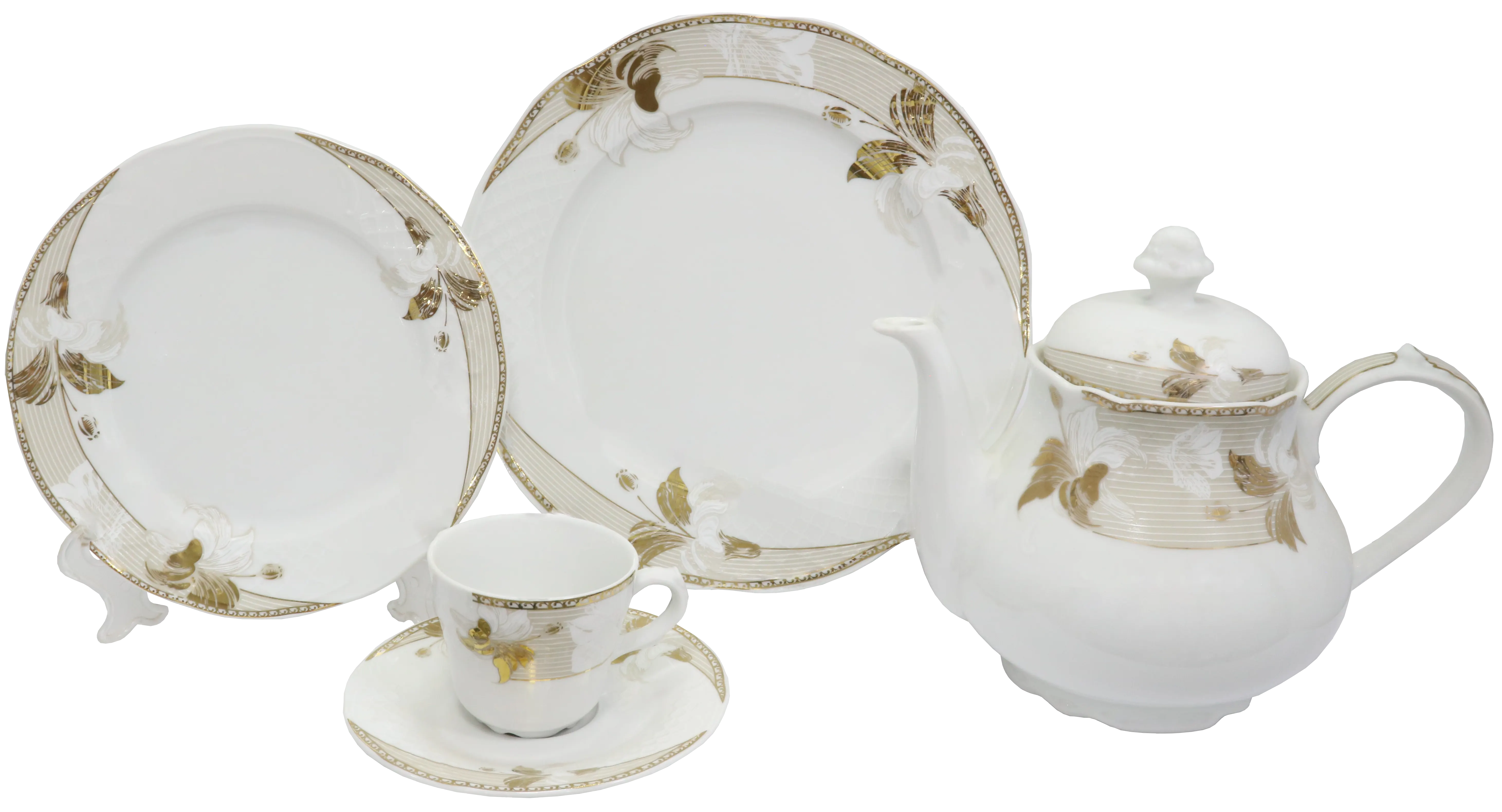 طقم صيني مدور، ابيض في جولد ، 112 قطعة