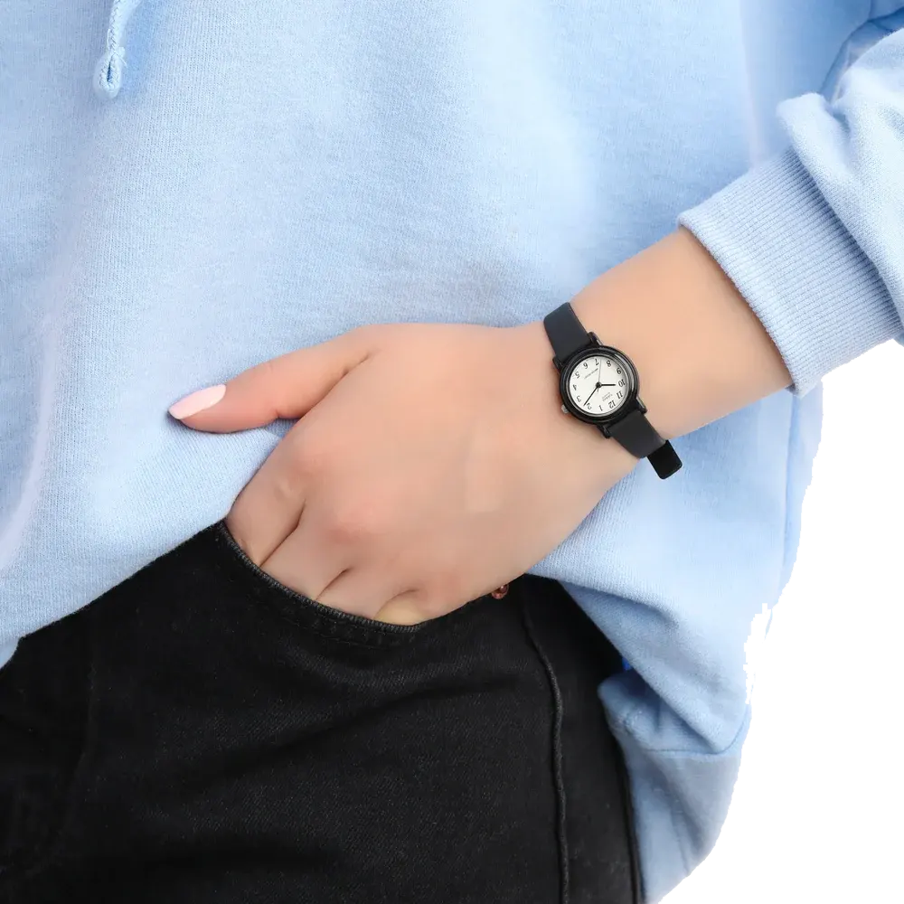 ساعة كاسيو للنساء،عقارب دائرية ،مينا ابيض، سوار من الراتنج الاسود، LQ-139BMV-1BLDF