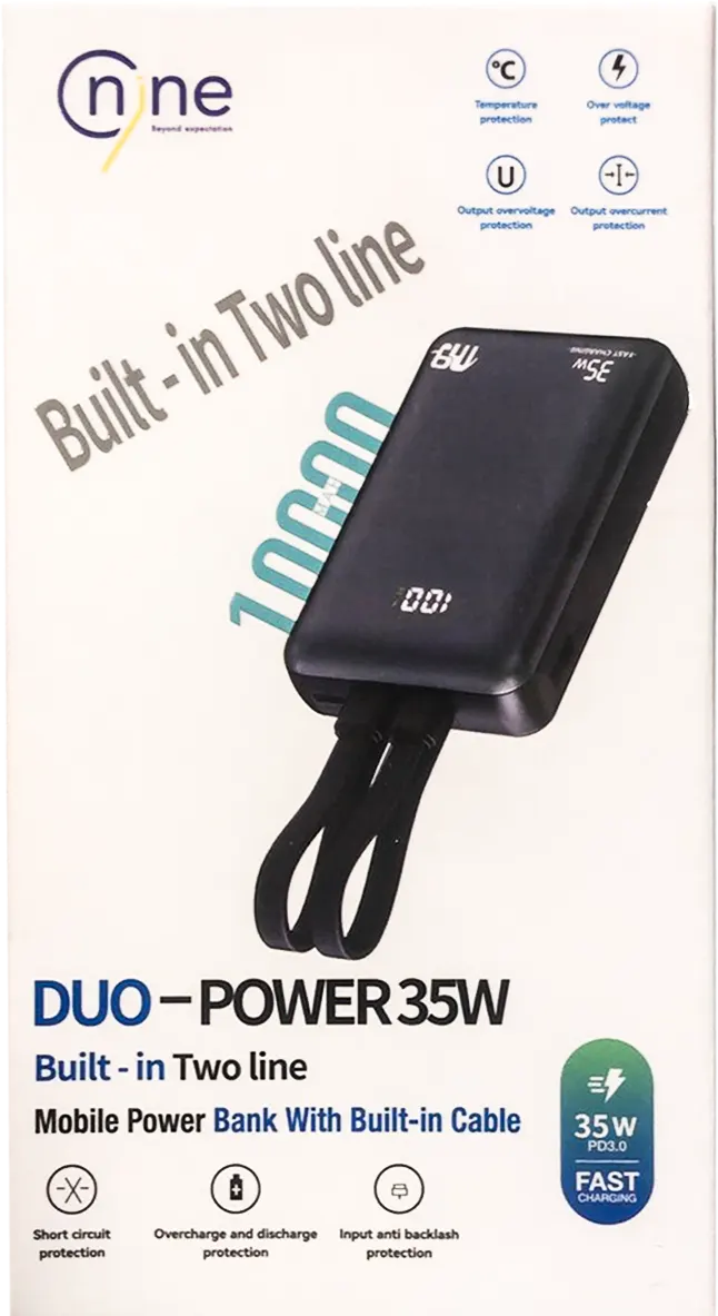 باور بانك ناين ديو، 10000 مللي أمبير-ساعة، 35 وات، شحن سريع، مدمج بخطين، أسود