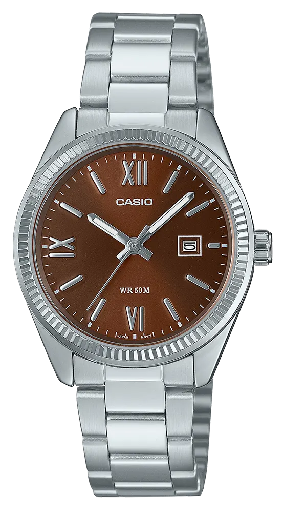 ساعة كاسيو للنساء، مينا بني، عقارب دائرية، سوار ستانلس ستيل فضي، LTP-1302DD-5AVDF