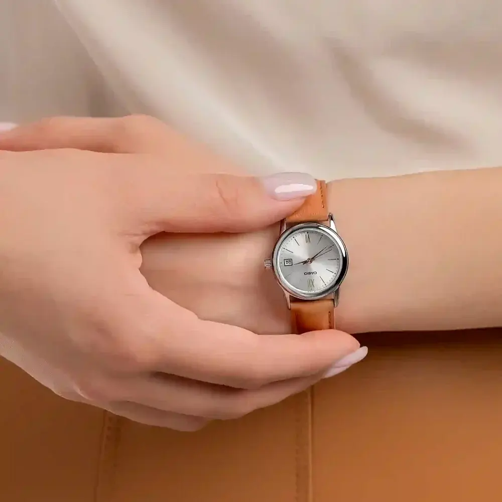 Casio Women's Watch, Silver Dial, Analogs, Brown Leather Strap, LTP-V002L-7B3UDF