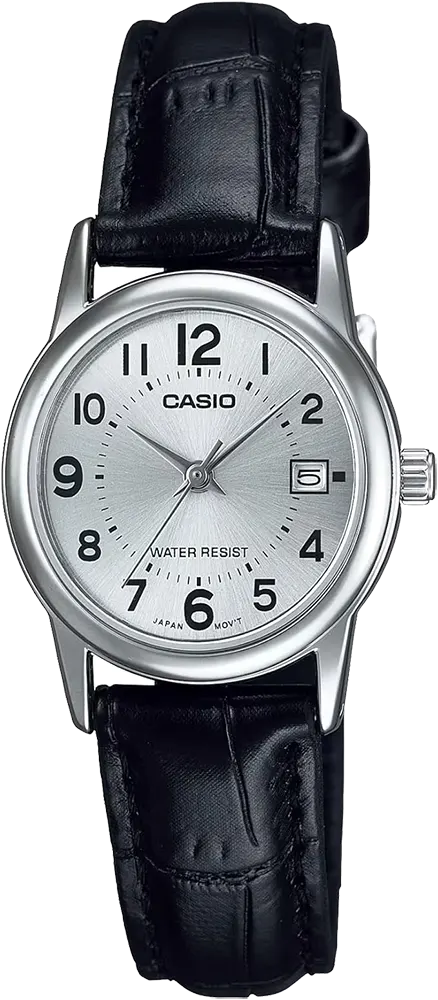 ساعه كاسيو نسائي، مينا فضي، عقارب، سوار جلد اسود, LTP-V002L-7BUDF