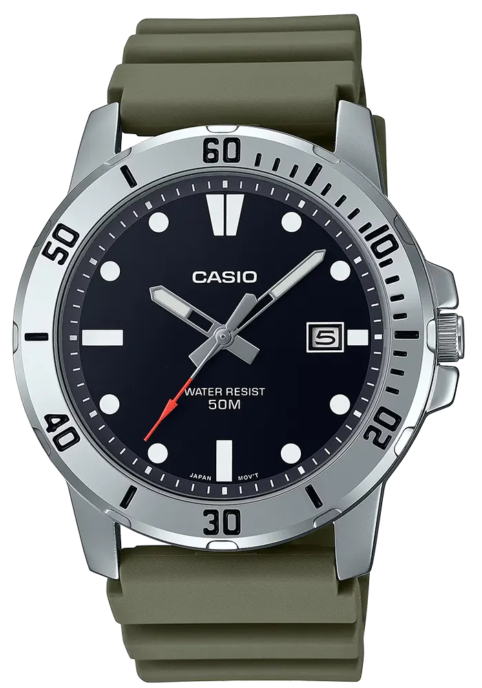 ساعة كاسيو للرجال، عقارب دائرية، مينا كحلي، سوار من الراتنج الاخضر، MTP-VD01-3EVUDF