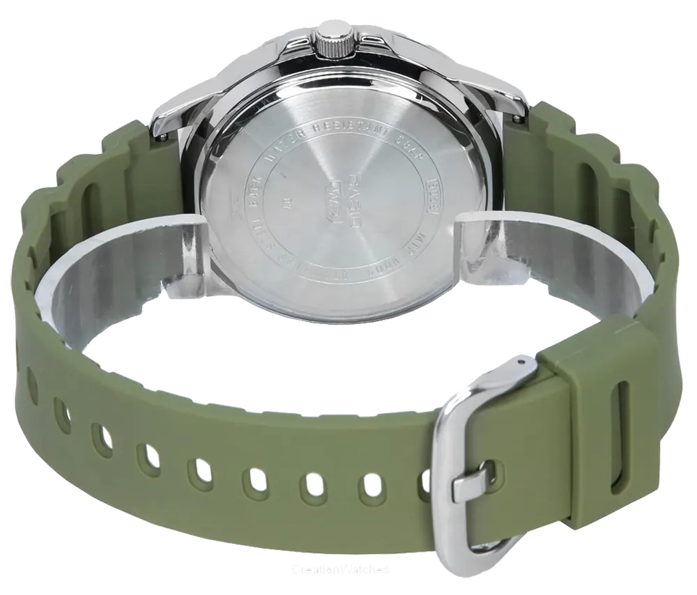 ساعة كاسيو للرجال، عقارب دائرية، مينا كحلي، سوار من الراتنج الاخضر، MTP-VD01-3EVUDF