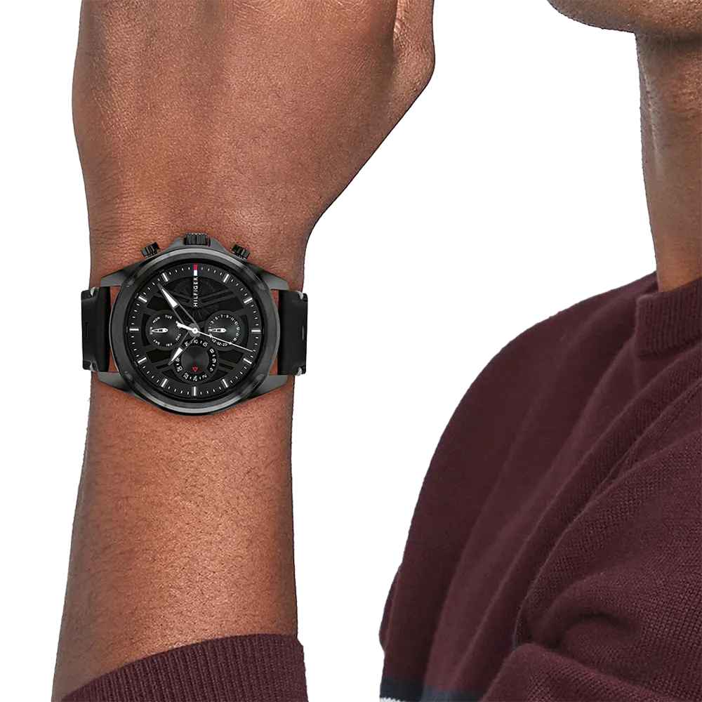 Tommy Hilfiger Men's Watch, Black Dial, Analogs, Black Leather Strap, 1710654