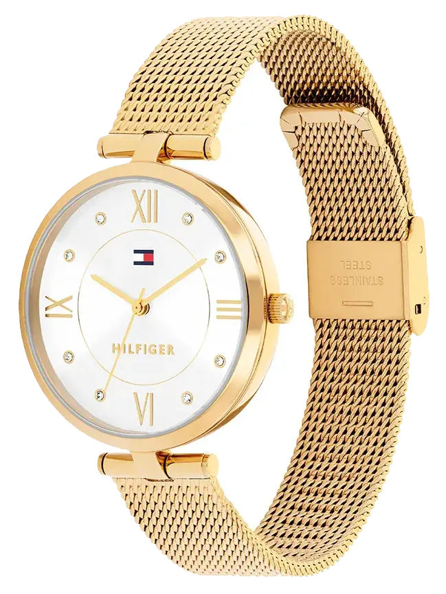 Tommy Hilfiger Women's Watch, Silver Dial, Round Hands, Gold Stainless Steel Band, 1782805