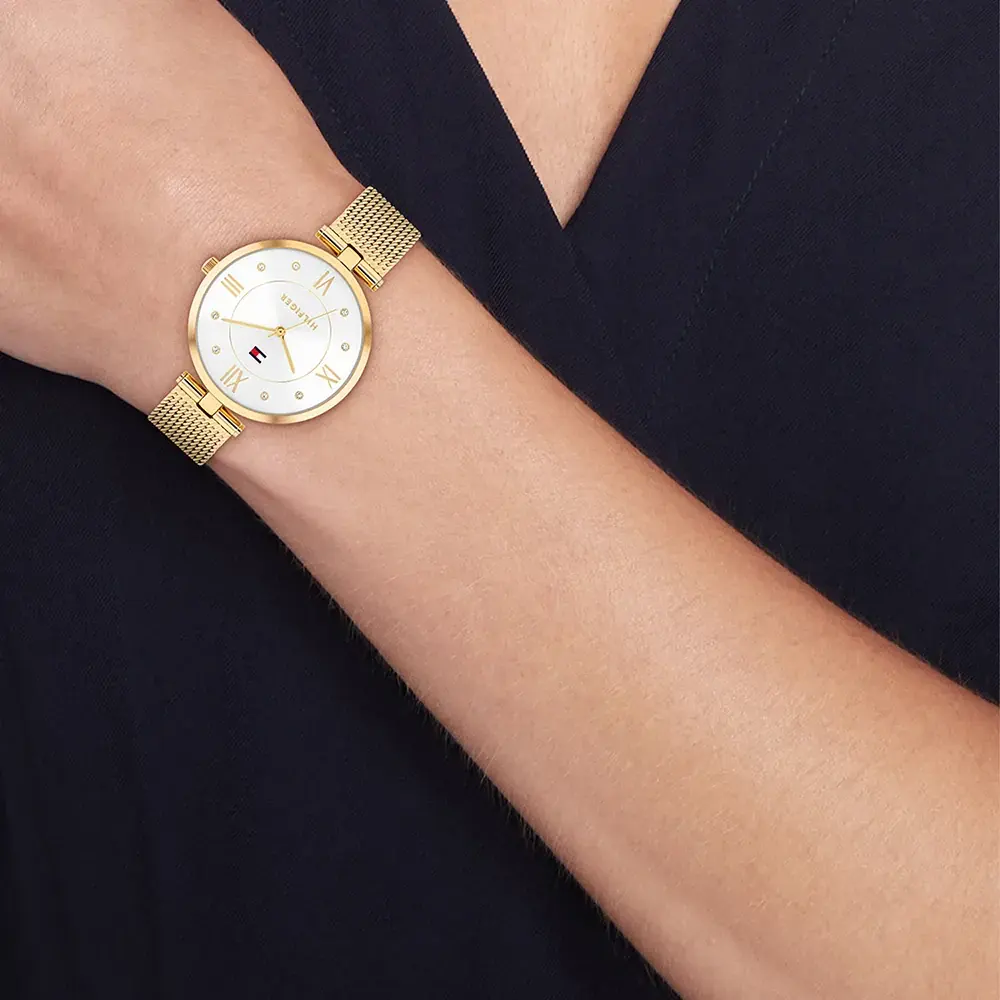 Tommy Hilfiger Women's Watch, Silver Dial, Round Hands, Gold Stainless Steel Band, 1782805