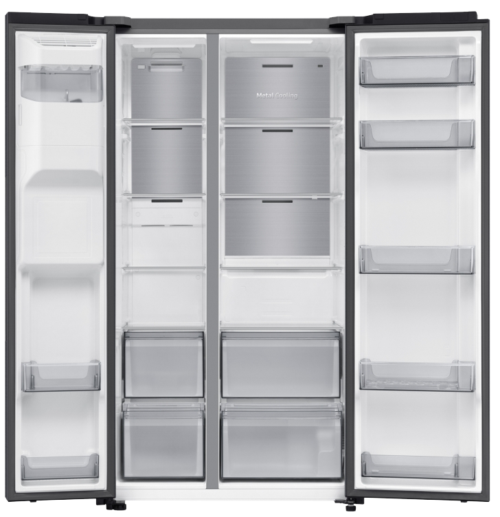 ثلاجة سامسونج سايد باي سايد بولندى ، 640 لتر ، 2 باب ، تكنولوجيا الأنفرتر ، ديسبينسر ، ايس ميكر ، أسود ، RS70F64KAF-MR