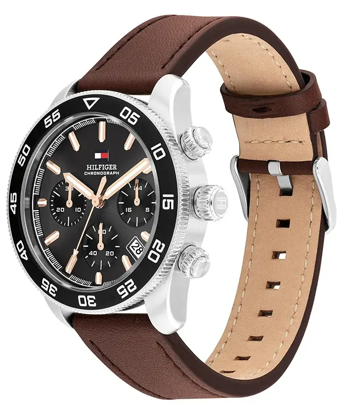 ساعة تومي هيلفيغر للرجال، مينا رمادي، عقارب دائرية، سوار جلد بني، 1792213