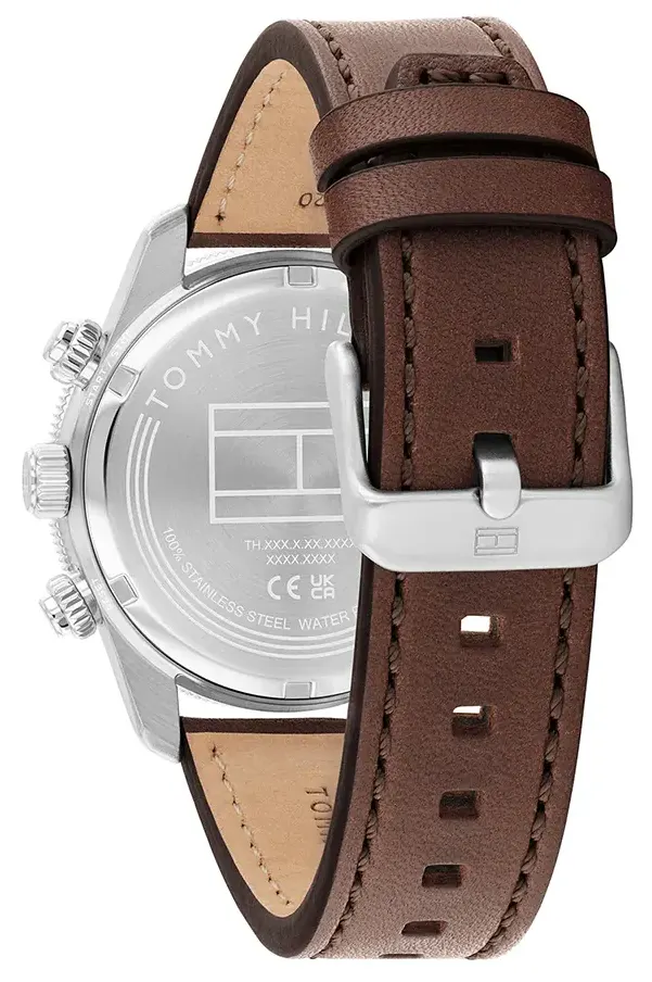 ساعة تومي هيلفيغر للرجال، مينا رمادي، عقارب دائرية، سوار جلد بني، 1792213
