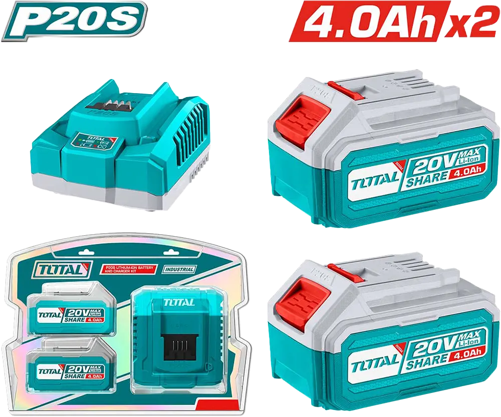 Total Tools Battery Set, 2 Lithium-Ion Batteries and Charger, 4Ah, 20V, TFBCPK1424