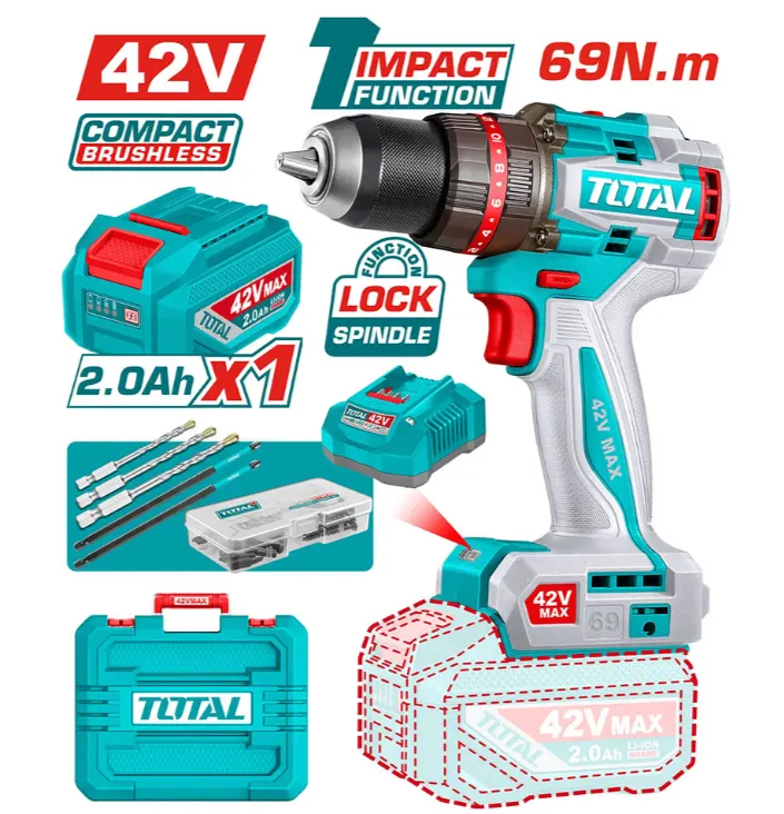 Total Tools Cordless Drill, 42V, 69Nm, with 2Ah Battery and Charger, TIDLI426981