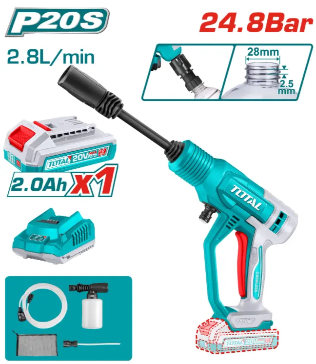 مغسلة شحن بالخرطوم توتال تولز ، 24.8 بار ، بطارية 2 امبير ، وشاحن ، TPWLI20362