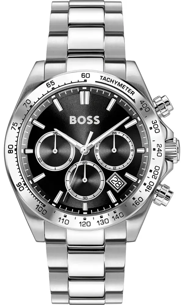 ساعة هوغو بوس رجالي، مينا اسود، عقارب دائرية، سوار ستانلس ستيل فضي، HB151.4267