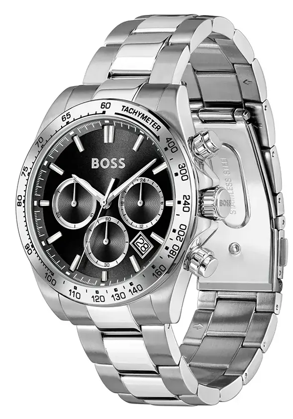 ساعة هوغو بوس رجالي، مينا اسود، عقارب دائرية، سوار ستانلس ستيل فضي، HB151.4267