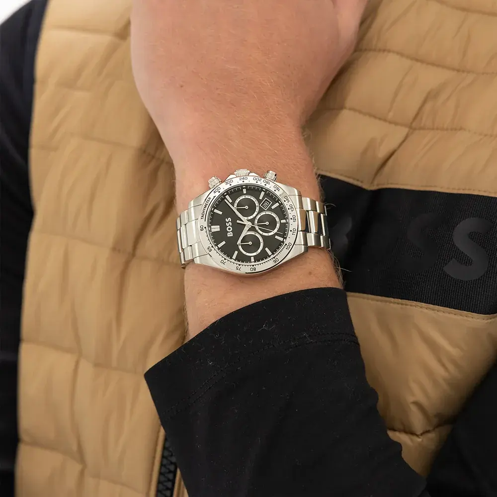 ساعة هوغو بوس رجالي، مينا اسود، عقارب دائرية، سوار ستانلس ستيل فضي، HB151.4267