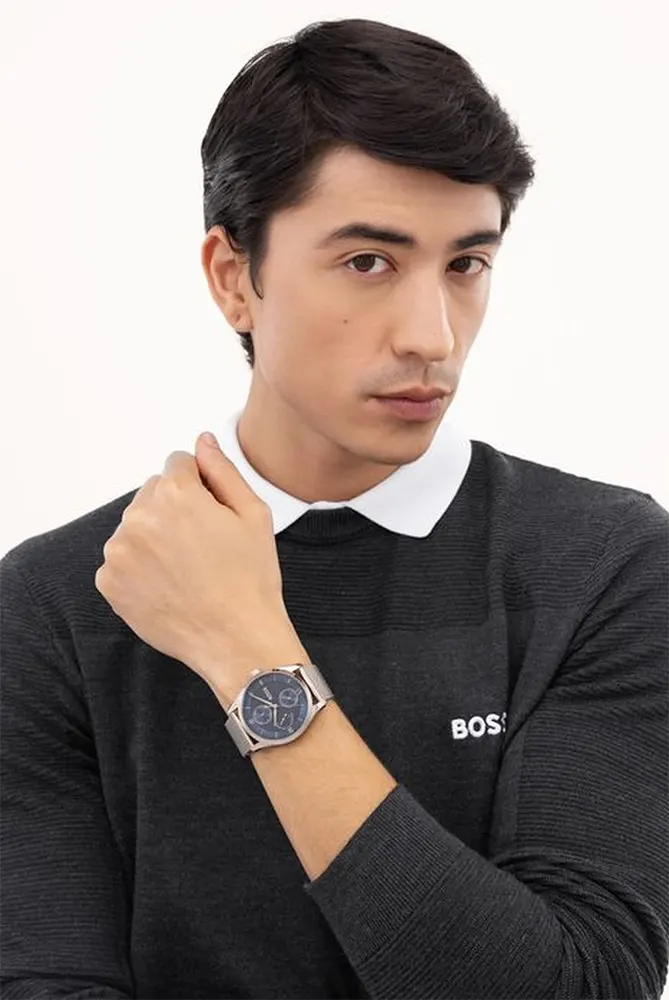 ساعة هوغو بوس رجالي، مينا ازرق داكن، عقارب دائرية، سوار ستانلس ستيل فضي، HB151.4276