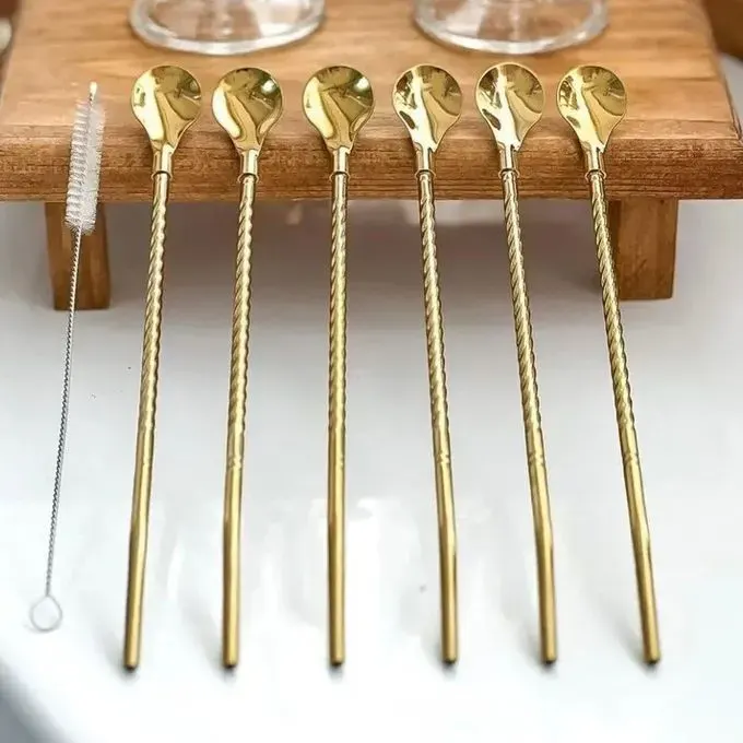 Shalimo Spoon Set, 7 Pieces With Brush, Gold, 102-1