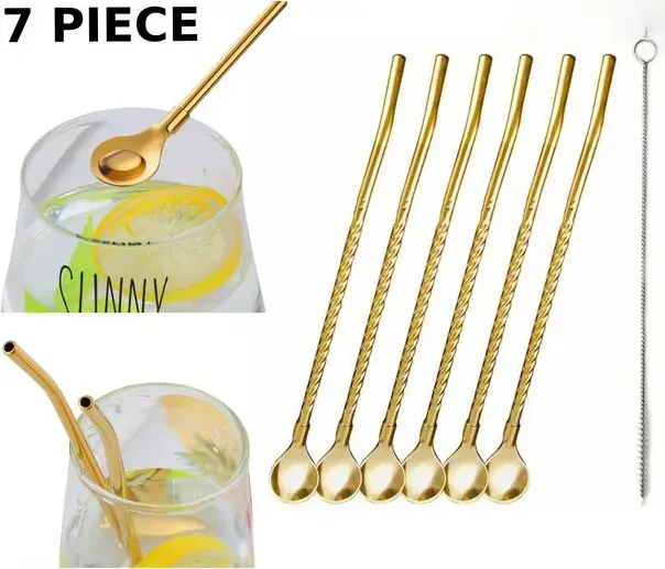 Shalimo Spoon Set, 7 Pieces With Brush, Gold, 102-1