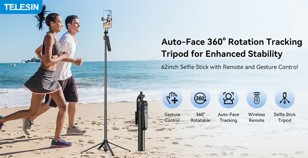 Telesin Smart Face Tracking Tripod, 360° Rotation, Remote Control, Adjustable Height, P3-MS-01