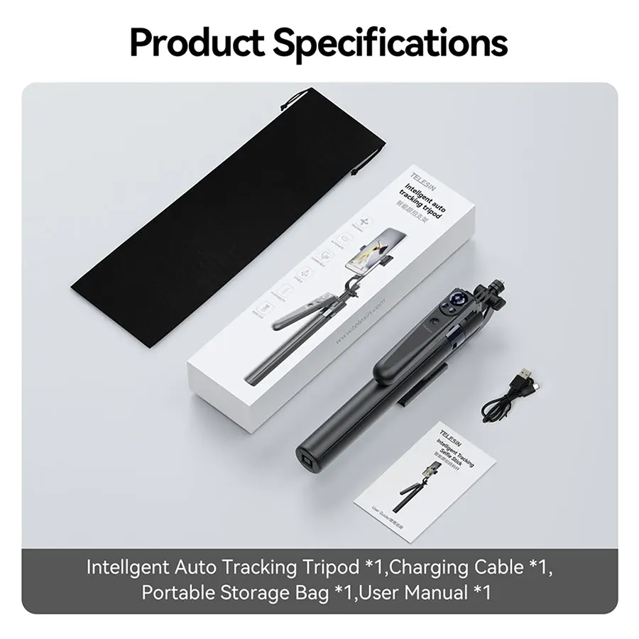 Telesin Smart Face Tracking Tripod, 360° Rotation, Remote Control, Adjustable Height, P3-MS-01