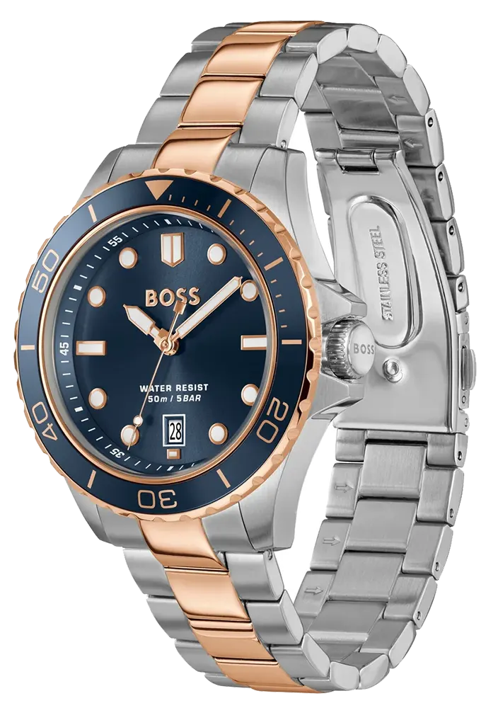 ساعة هوغو بوس رجالي، مينا ازرق داكن، عقارب دائرية، سوار ستانلس ستيل فضي، HB151.4296