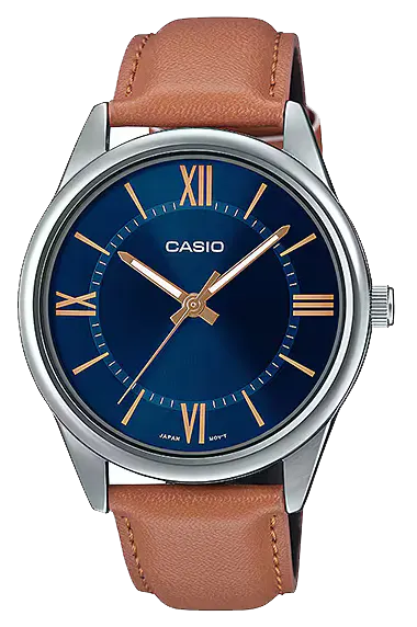 Casio Men's Watch, Blue Dial, Analogs, Brown Leather Strap, MTP-V005L-2B5UDF