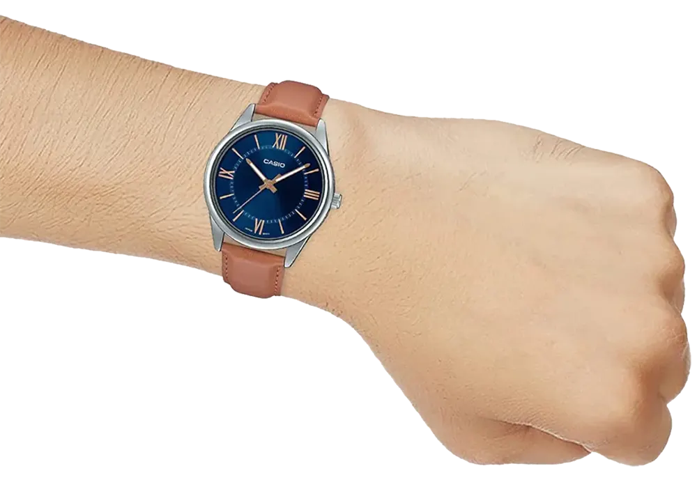 Casio Men's Watch, Blue Dial, Analogs, Brown Leather Strap, MTP-V005L-2B5UDF