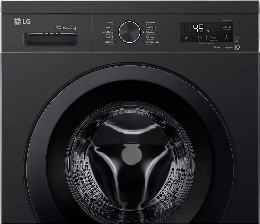 غسالة ملابس فول اوتوماتيك إل جي، 7 كيلو، 1400 لفة، موتور انفرتر دفع مباشر، شاشة ديجيتال، واي فاي، بخار، أسود، F4Y2QYG6X
