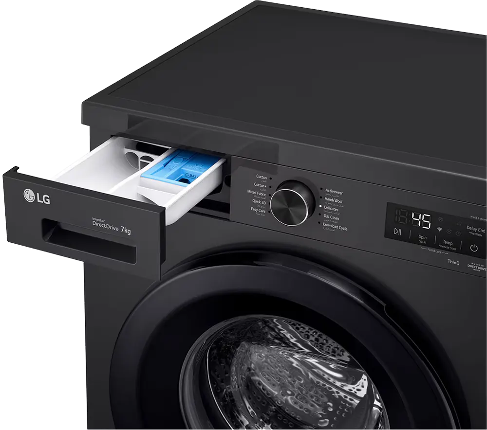 غسالة ملابس فول اوتوماتيك إل جي، 7 كيلو، 1400 لفة، موتور انفرتر دفع مباشر، شاشة ديجيتال، واي فاي، بخار، أسود، F4Y2QYG6X