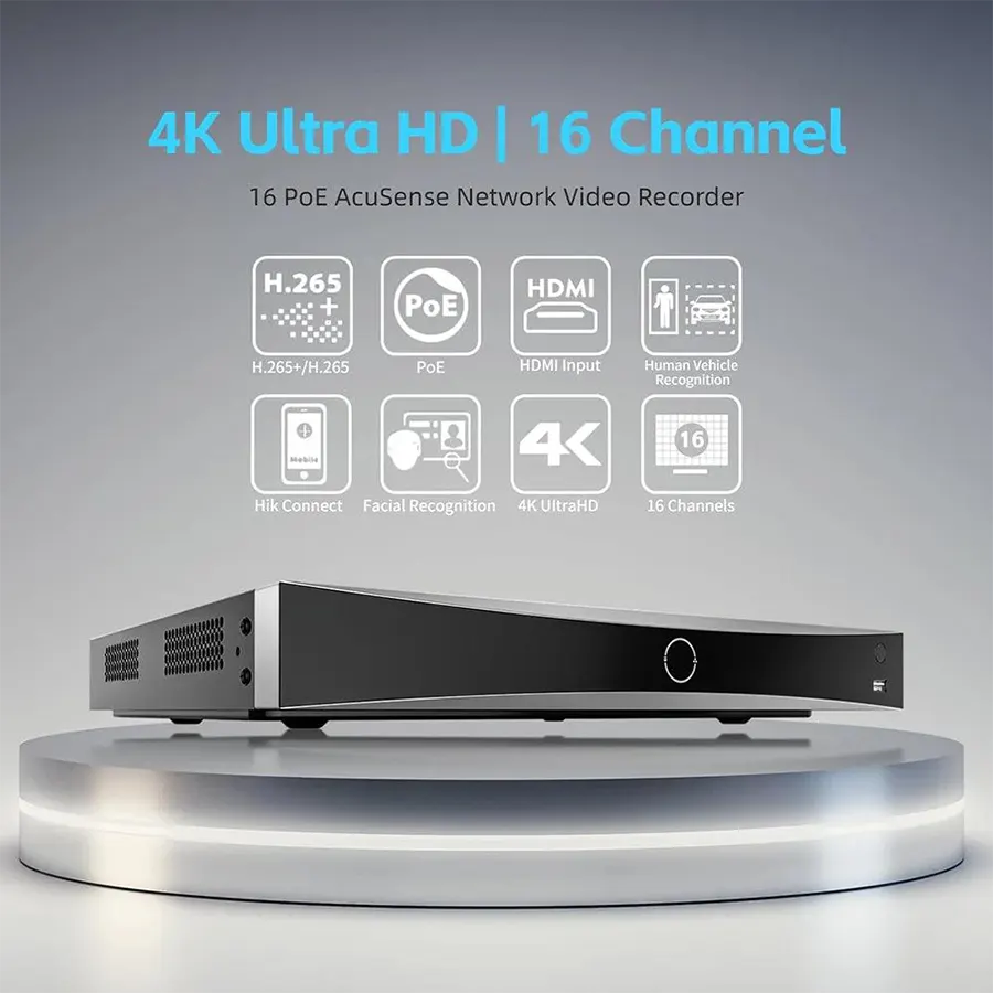 Hikvision Network Video Recorder, 16 Channel, 2 USB Ports, 2 SATA Ports, Black, DS-7616NXI-K2-16P(D)