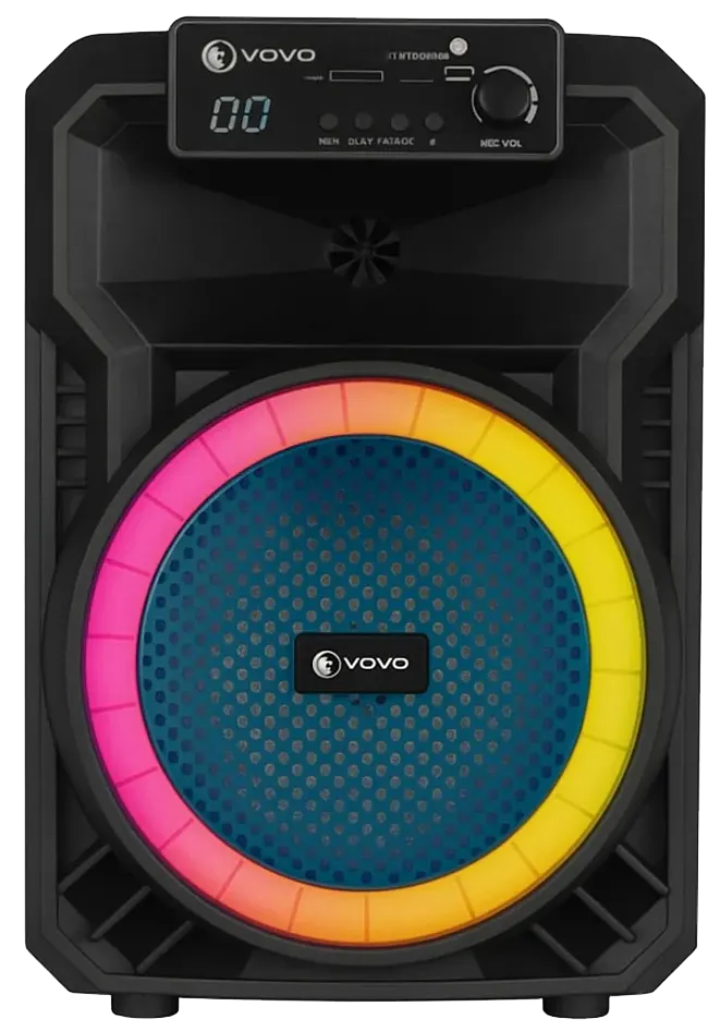 VOVO Wireless Speaker, 8 Inch, RGB Lighting, Remote Control, Wired Microphone, Black, V-8026