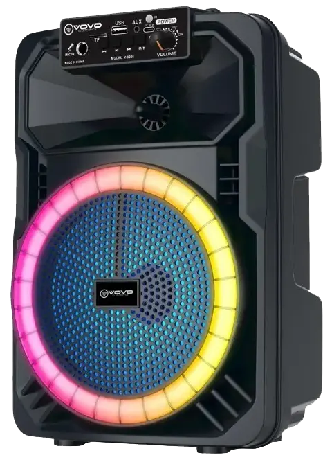 VOVO Wireless Speaker, 8 Inch, RGB Lighting, Remote Control, Wired Microphone, Black, V-8026