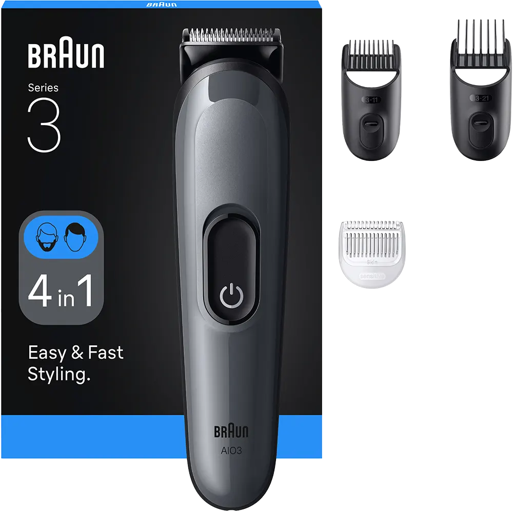Braun Series 3 Hair and Beard Trimmer, Up to 50 Minutes Cordless Operation, 4-in-1, Black, AIO3500
