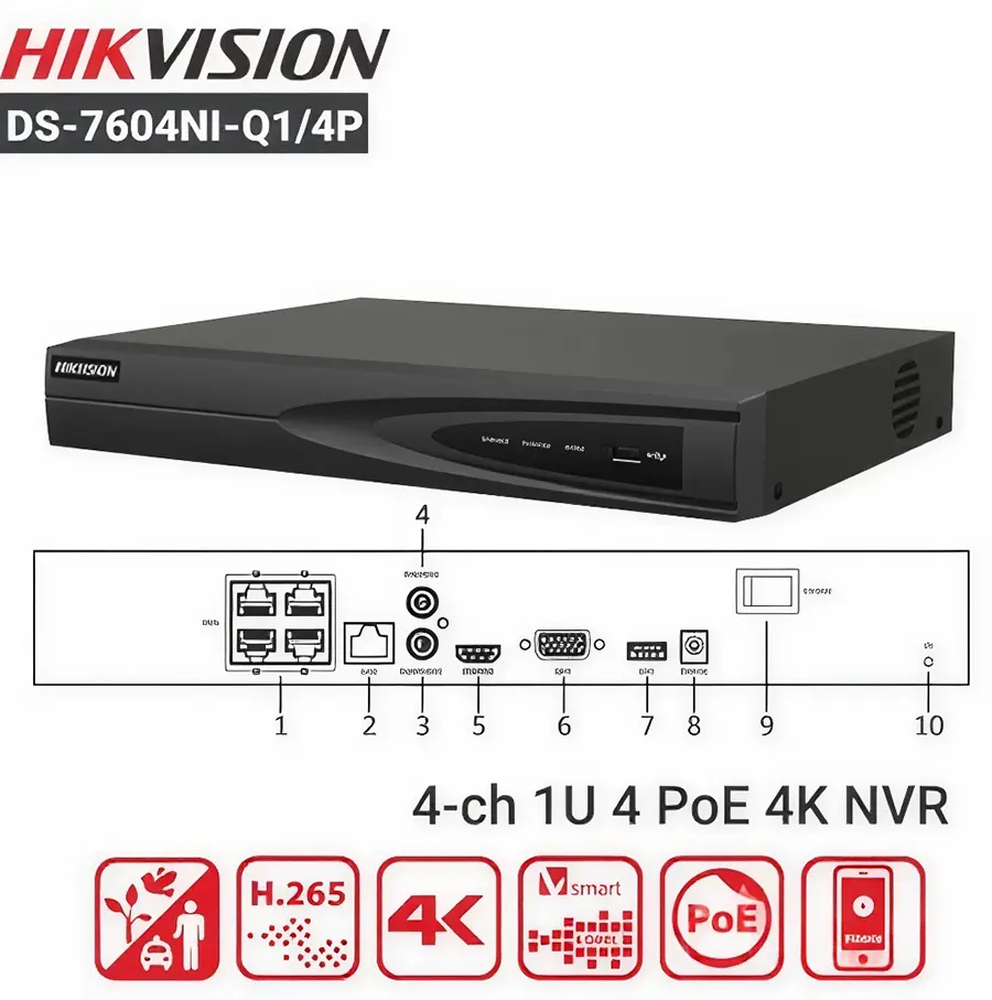 مسجيل فيديو شبكي هيكفيجن 4 قنوات ، بدقة 4K Ultra HD ، اسود ، DS-7604NI-Q1-4P