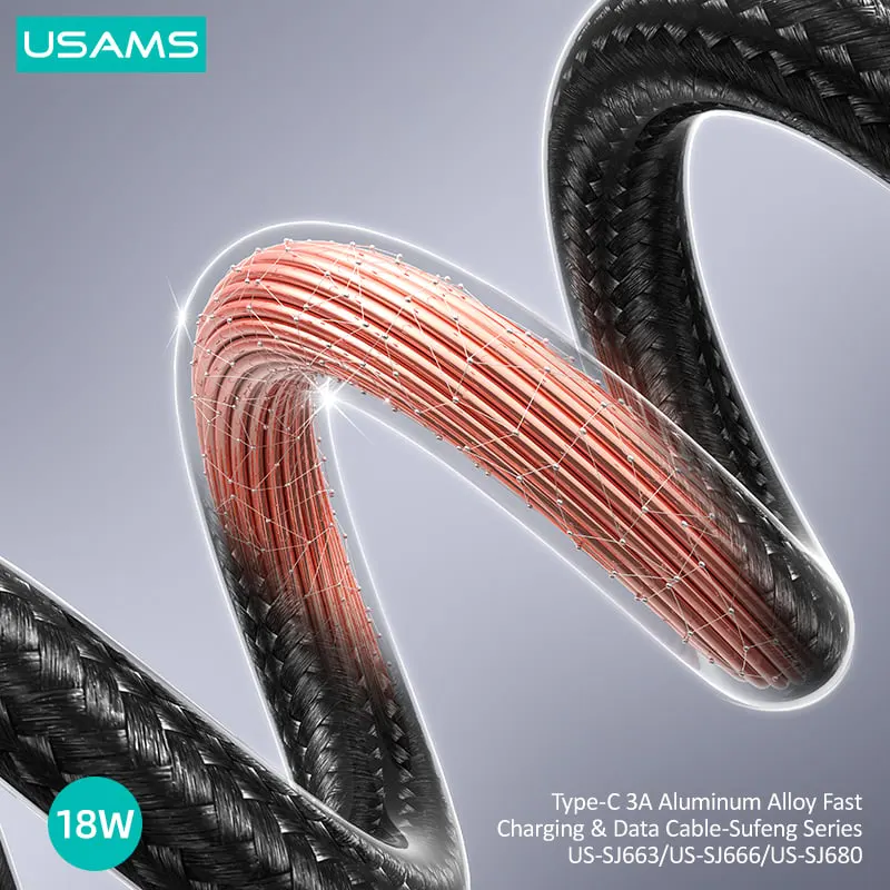 كابل شحن ونقل بيانات سريع من يوسامز، 3 أمبير، 1.2 متر، توصيل من usb الى Type-c، أسود، SJ663USB01