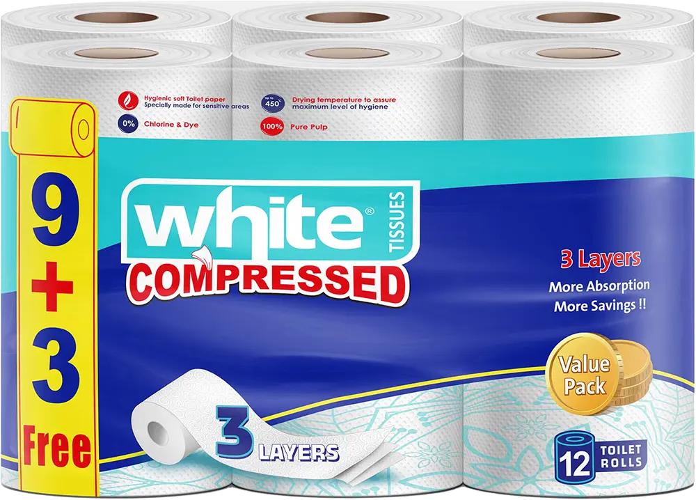 مناديل تواليت مضغوطة من وايت، 3 طبقات، 12 بكرة