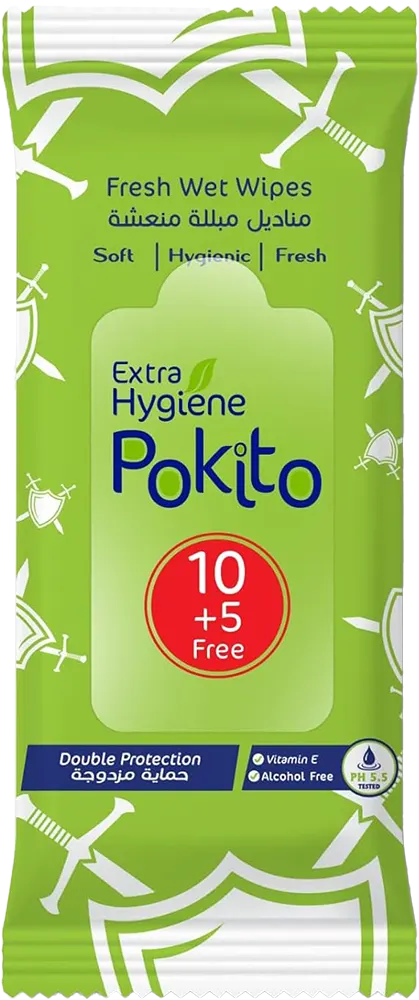 Extra Hygiene Pokito Wet Wipes, Double Protection, 15 Wipes