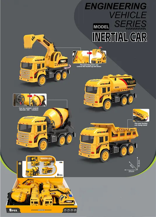 Kids Construction Vehicle Set, 4 Assembly Trucks, (Dump Truck, Excavator, Tanker Truck, Cement Mixer), 862